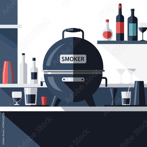 Smoker Grill with Drinks on Shelf - Outdoor Cooking and Bar Setup