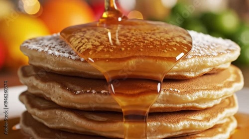 Wallpaper Mural Delicious syrup flowing over a stack of fluffy pancakes dusted with powdered sugar, a perfect breakfast treat. Torontodigital.ca