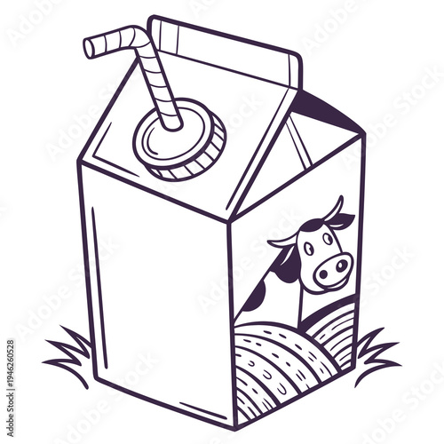 Milk carton with straw outline illustration - dairy, farm, and fresh drink icon