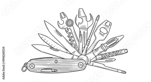 Detailed illustration of a multi-tool with various folded instruments for diverse tasks.
