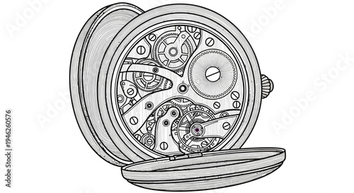Detailed illustration of an open pocket watch mechanism.