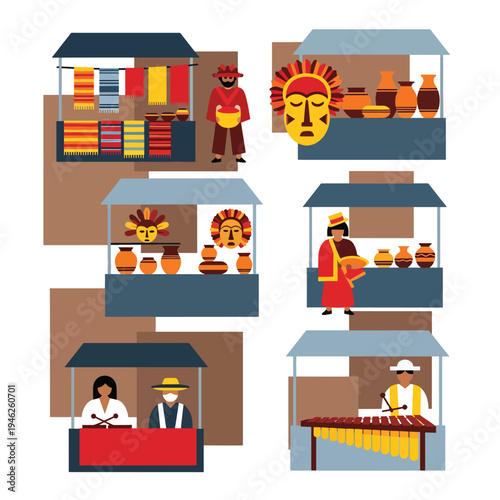 Handicraft Market Scene with Artisans and Stalls