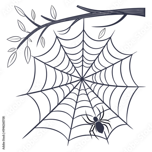Spider web on tree branch with spider outline vector illustration