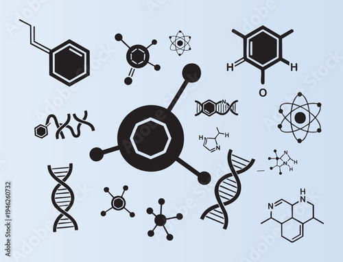 Collection of scientific and chemical icons with molecular structures