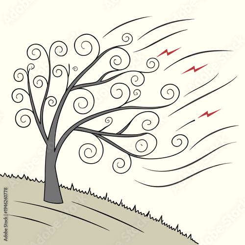 Bending tree in strong wind illustration with lightning and swirling branches