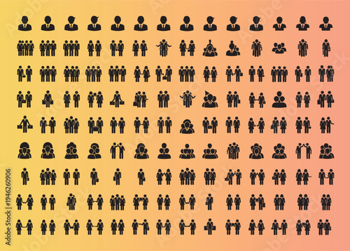 Diverse collection of business and family silhouette icons in flat style
