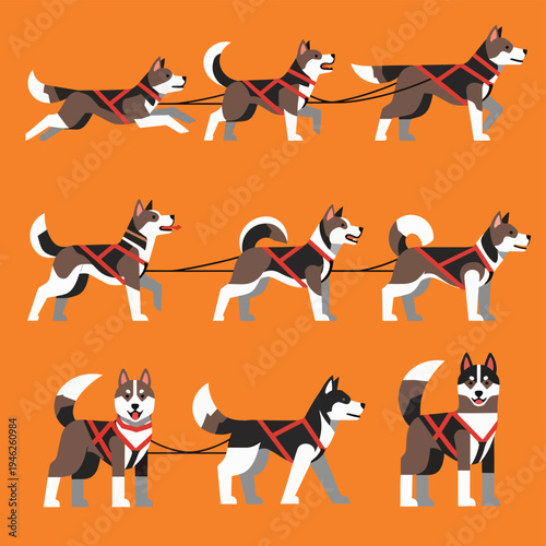 Sled Dog Team Animation Frames on Orange Background