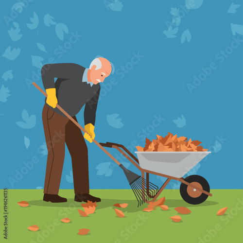 Senior Man Raking Leaves into a Wheelbarrow