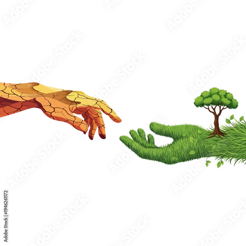 Hands reaching, dry cracked earth meets lush green grass, symbolizing hope and renewal