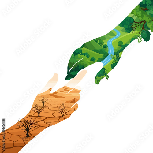 Hands reaching, contrasting dry desert and lush green nature, environmental concept