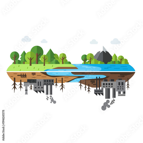 Industrial pollution vs nature: Factories polluting river and land, contrast with green forest