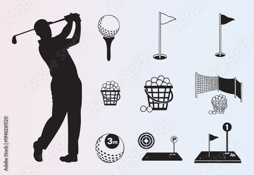 Golfthemed vector icons and silhouette of golfer swinging club