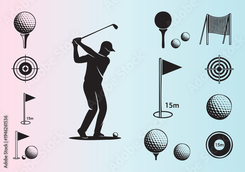 Golfthemed vector illustration with player and equipment details