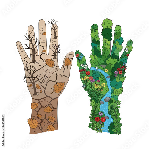 Hands representing nature's duality: dry, barren vs. lush, vibrant ecosystem