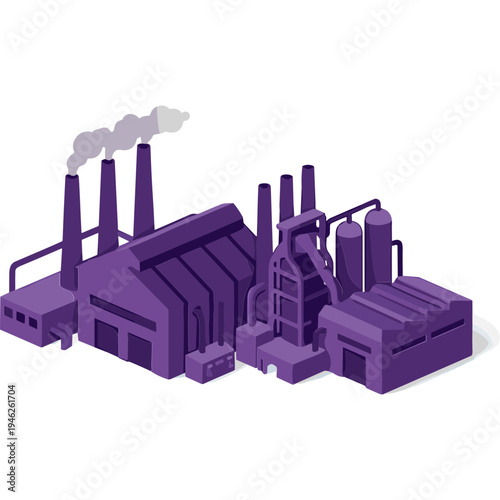 Industrial factory complex emitting smoke from multiple chimneys