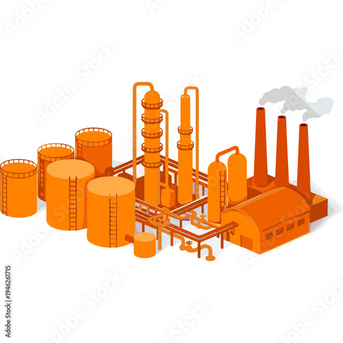 Industrial factory complex with smokestacks and pipelines produces energy