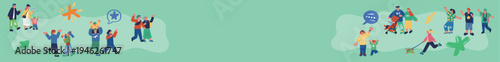 家族やカップル　カラフルな人々で賑わうバナーのイラスト