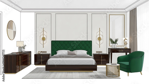Modern Master Bedroom CAD Elevation with Luxury Furniture, Architectural Interior Design on White Background