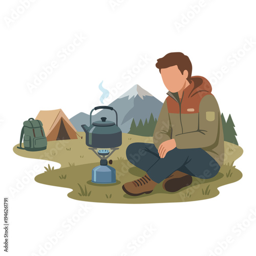 Man camping outdoors with kettle and tent in mountains