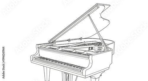 Detailed line drawing of a grand piano with lid open.