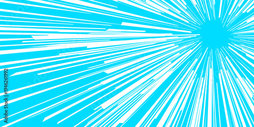 Radial manga anime comicbook speed lines. Blue comic book burst effects and lightning action energy. Dynamic force concentration, vintage pop style and lightning shock focus. Vector background.