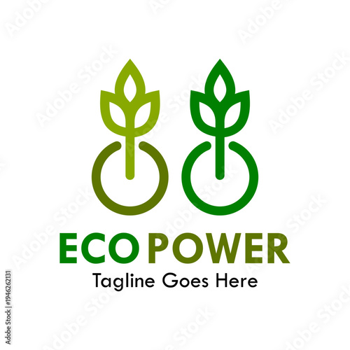 Eco Power logo design featuring twin plant sprouts integrated with power symbols, representing sustainable green energy, renewable growth, and environmental technology concepts.