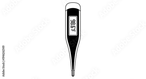 Digital thermometer displaying a normal body temperature reading.