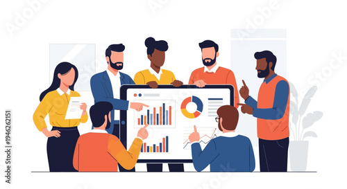 Diverse business team collaborating around a computer screen displaying charts and graphs during a meeting.