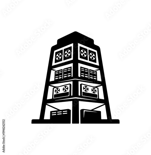 Silhouette of a multi story building with server rooms and fans