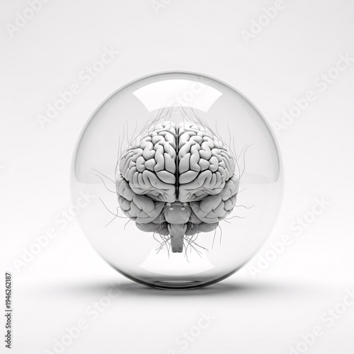 Detailed 3D illustration of a human brain encased in a clear glass dome against a white background for neuroscience research