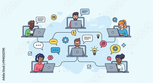 Diverse group of people collaborating remotely using laptops and technology.