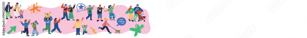Fototapeta premium 家族やカップル カラフルな人々で賑わうバナーのイラスト