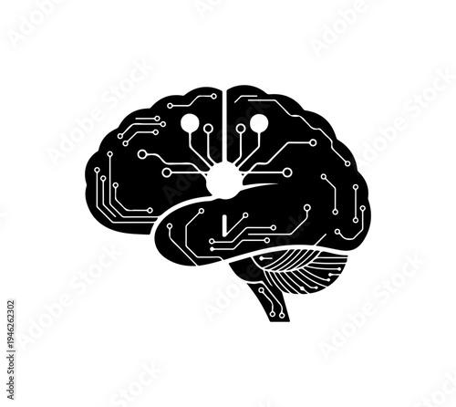 Silhouette of a brain with circuit board design