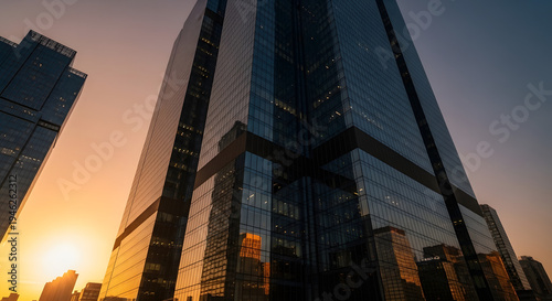 Slika na platnu A low angle view of a modern skyscraper with reflective glass facade at sunset i