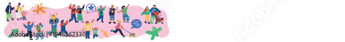 家族やカップル　カラフルな人々で賑わうバナーのイラスト