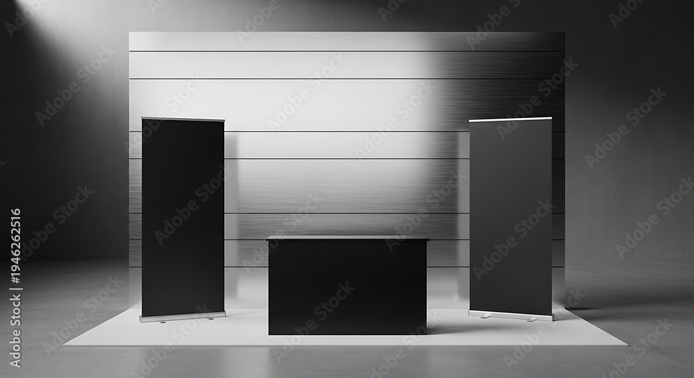 Fototapeta premium Minimalist black display stands and counter against a striped background in a studio setting.