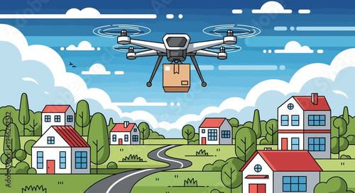 Drone delivering package over suburban neighborhood illustration.