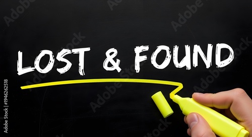 Hand drawing lost and found sign with yellow chalk on board