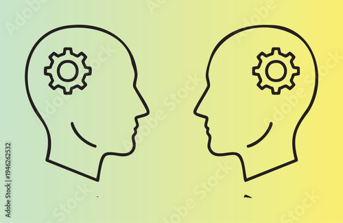 Two profile heads with gear icons symbolizing teamwork and innovation
