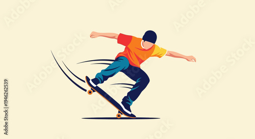 Dynamic Skateboarder Performing a Trick on Skateboard.