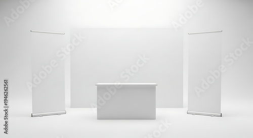 Minimalist white exhibition booth with roll-up banners and counter for branding.