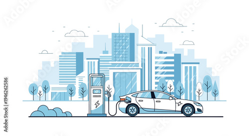 Electric car charging at a city station.