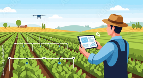 Farmer using tablet and drone in smart agriculture field.