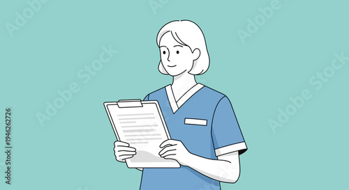 Female nurse or doctor in scrubs holding a clipboard with medical notes.