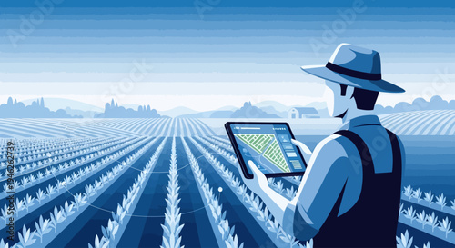 Farmer using tablet computer in vast agricultural field with rows of crops.