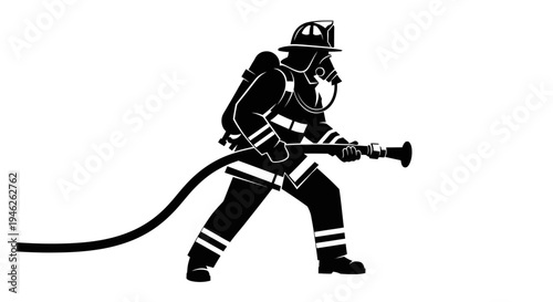 Firefighter in action with hose and protective gear.