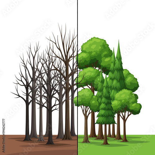Forest contrast: barren winter trees vs lush green summer forest