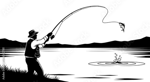 Fisherman casting line with fish jumping out of water.