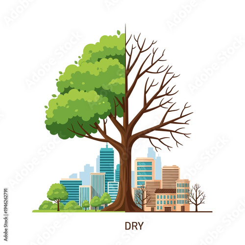 Half Living Tree Contrasted with Dry Cityscape, Symbolizing Environmental Issues