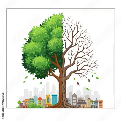 Half Living Tree, Half Dead Tree Over City Skyline - Nature vs Urbanization Concept